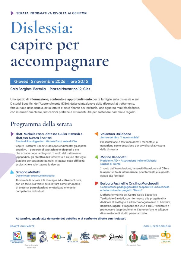 Locandina: Dislessia: capire per accompagnare