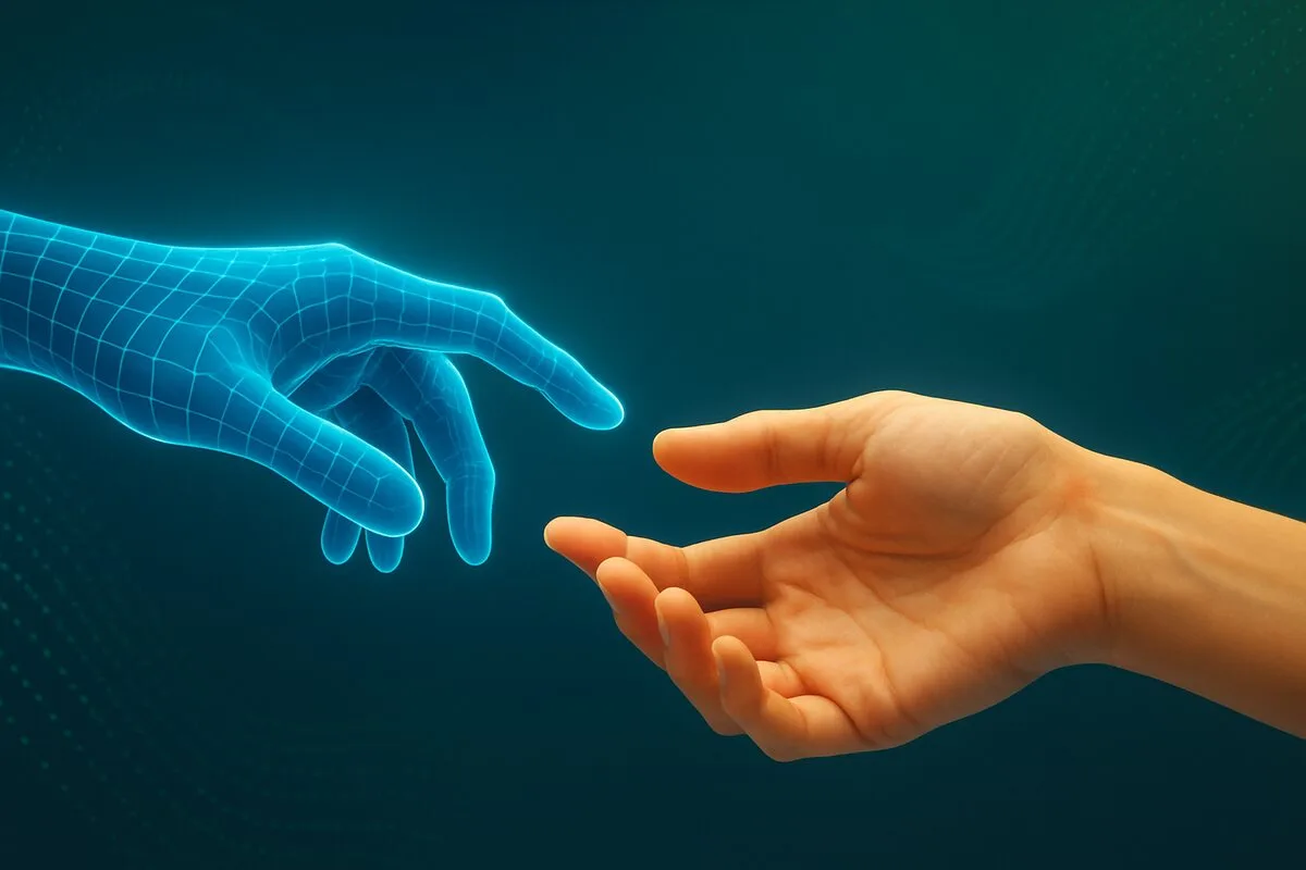 Una mano umana e una mano digitale che si avvicinano, simbolo di psAico