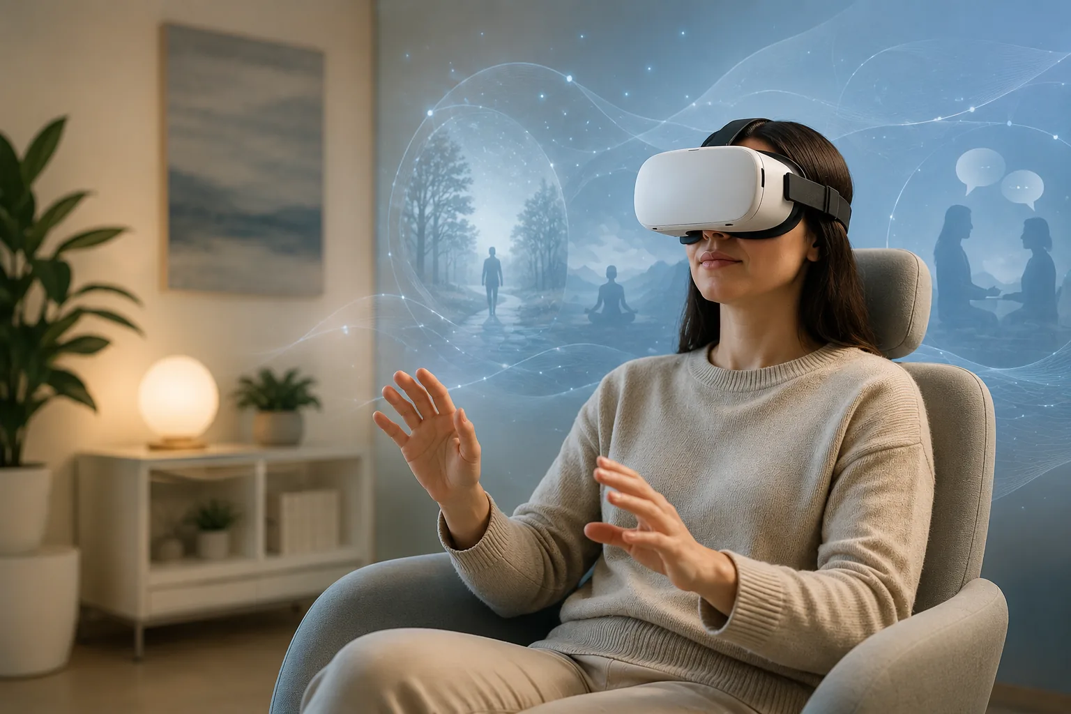 Persona seduta in poltrona indossa un visore per la realtà virtuale durante una seduta, con scenari immersivi proiettati intorno